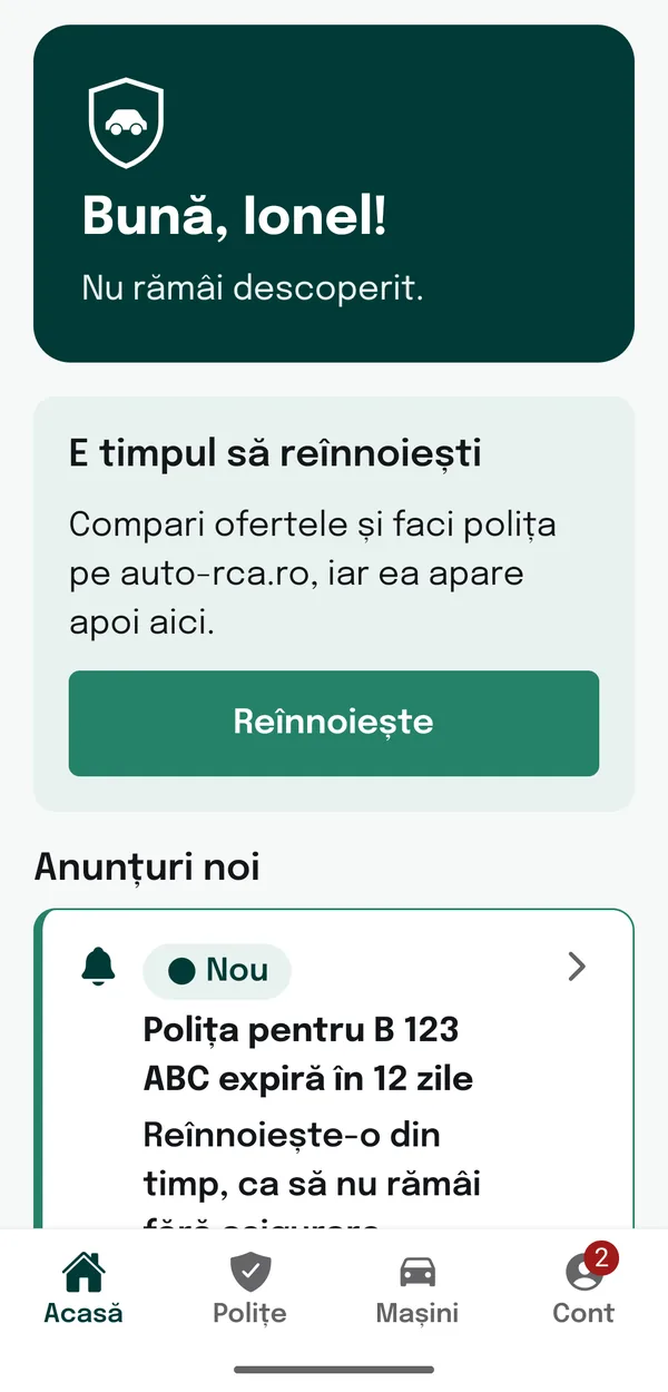 Ecranul de pornire, cu anunțul că o poliță expiră în 12 zile