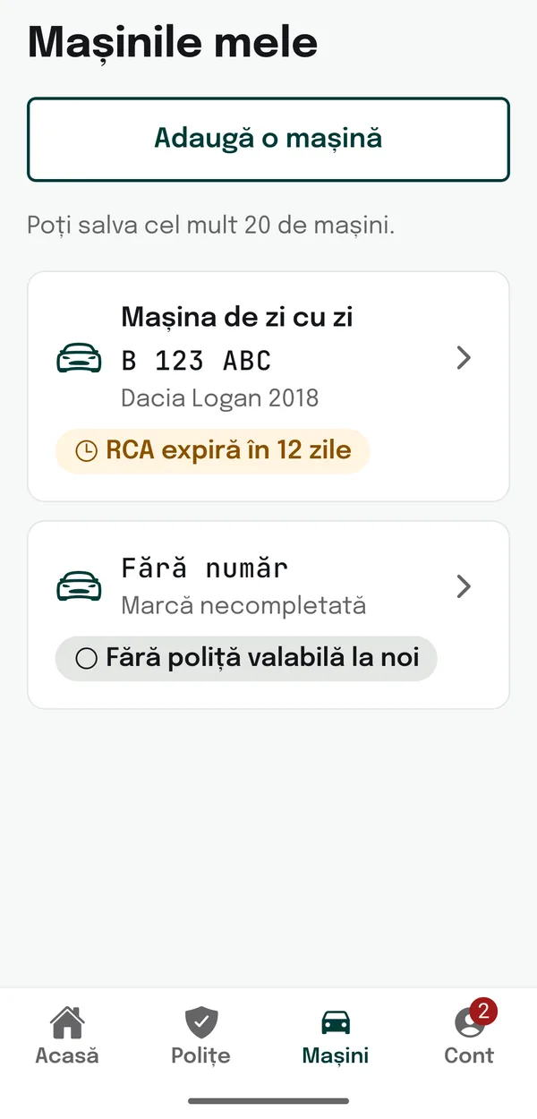 Mașinile mele, cu starea RCA a fiecăreia