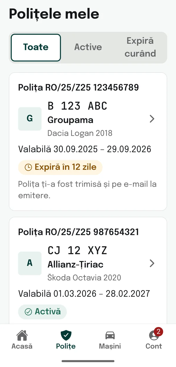Lista Polițele mele în aplicația auto-rca.ro